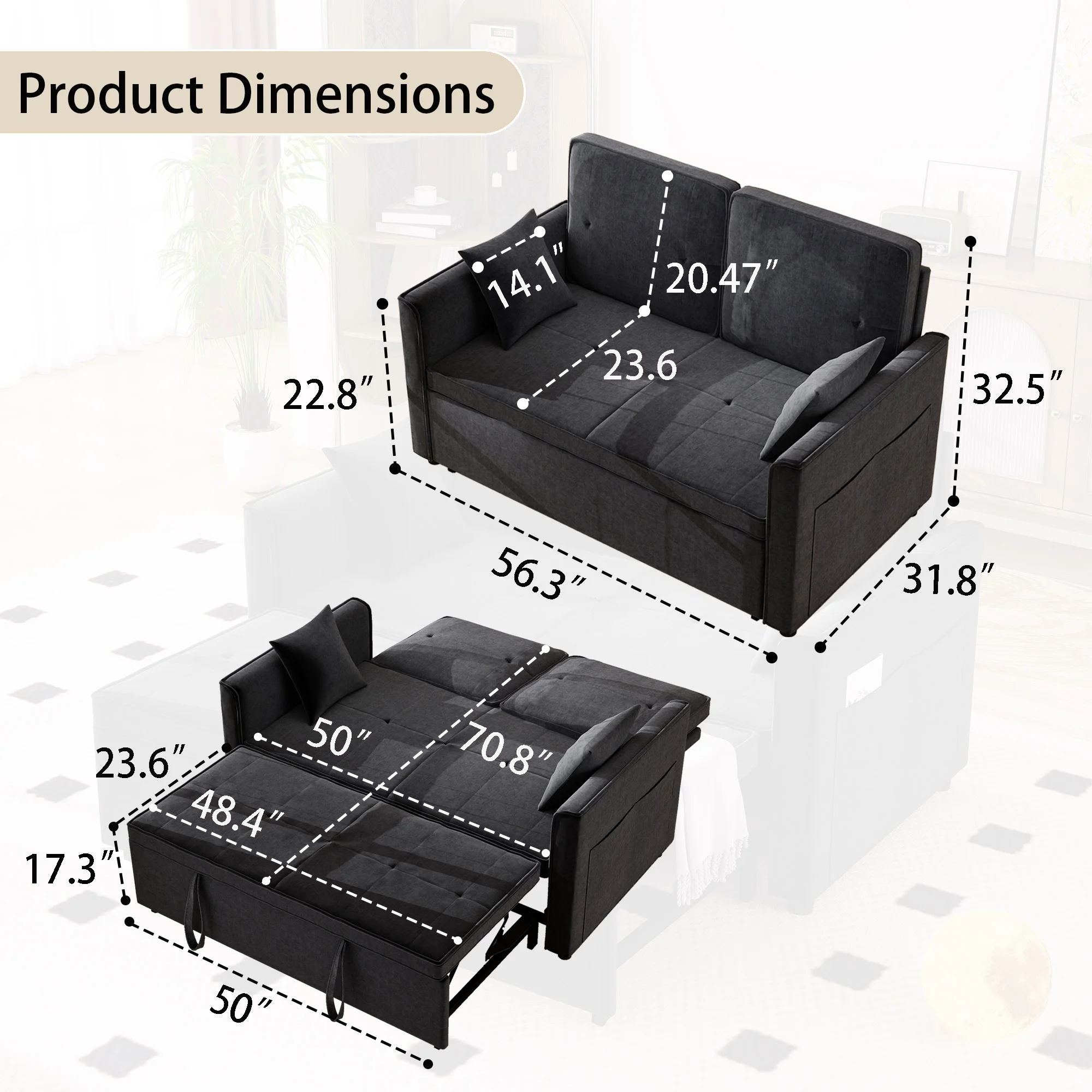 Convertible Sofa Bed,3-in-1 Sleeper Sofa with Pull Out Bed,Sleeper Futon Couch Loveseat with Adjsutable Backrest and Pillows for Living Room,Gray - Image 9