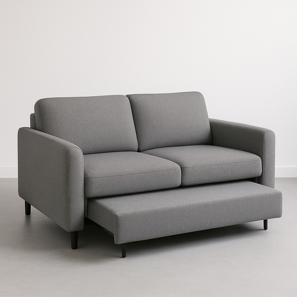 Sofá cama funcional de tela gris para salón moderno