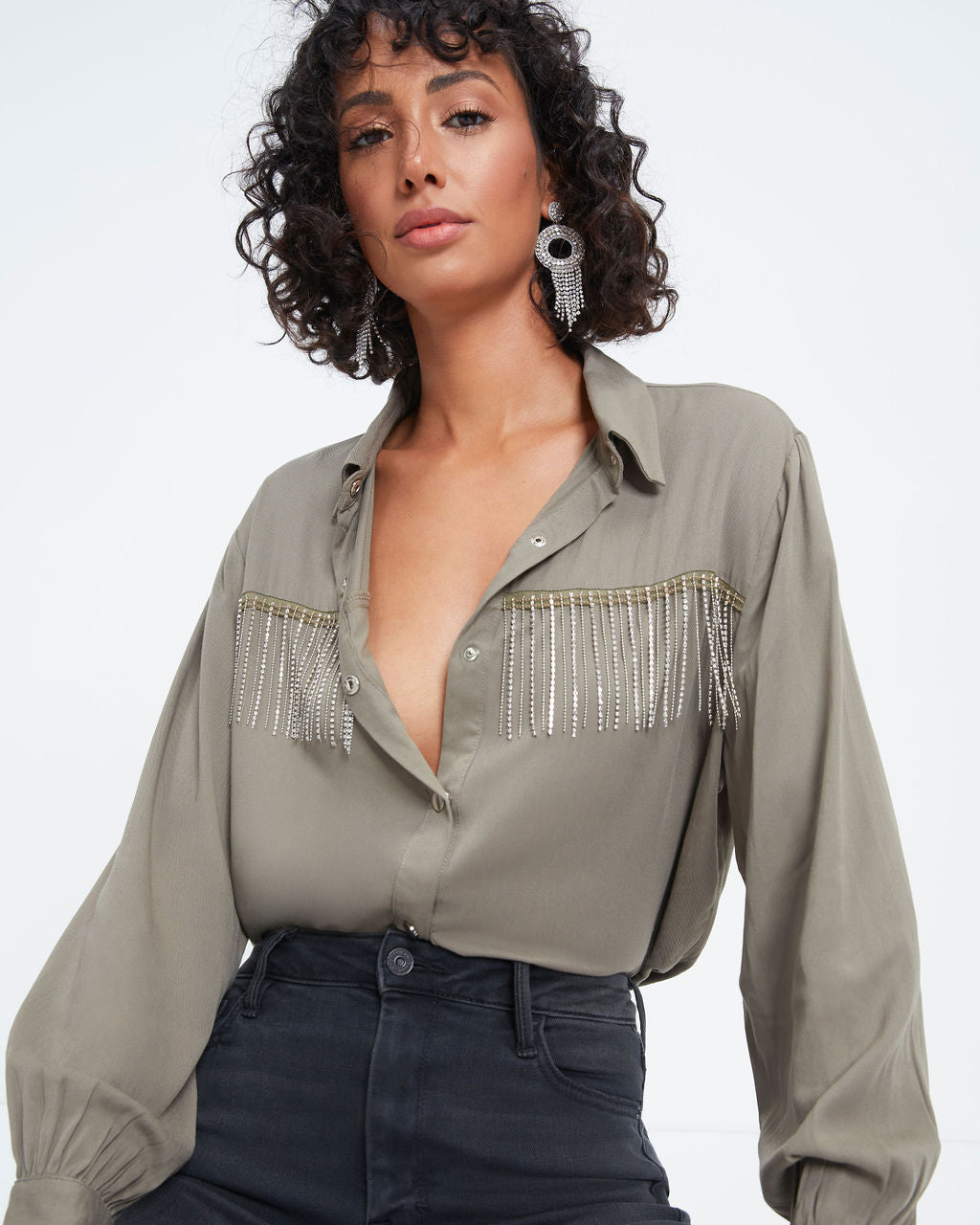 Dolly Glam Rhinestone Fringe Button Down Top - Olive - Se7enfashion