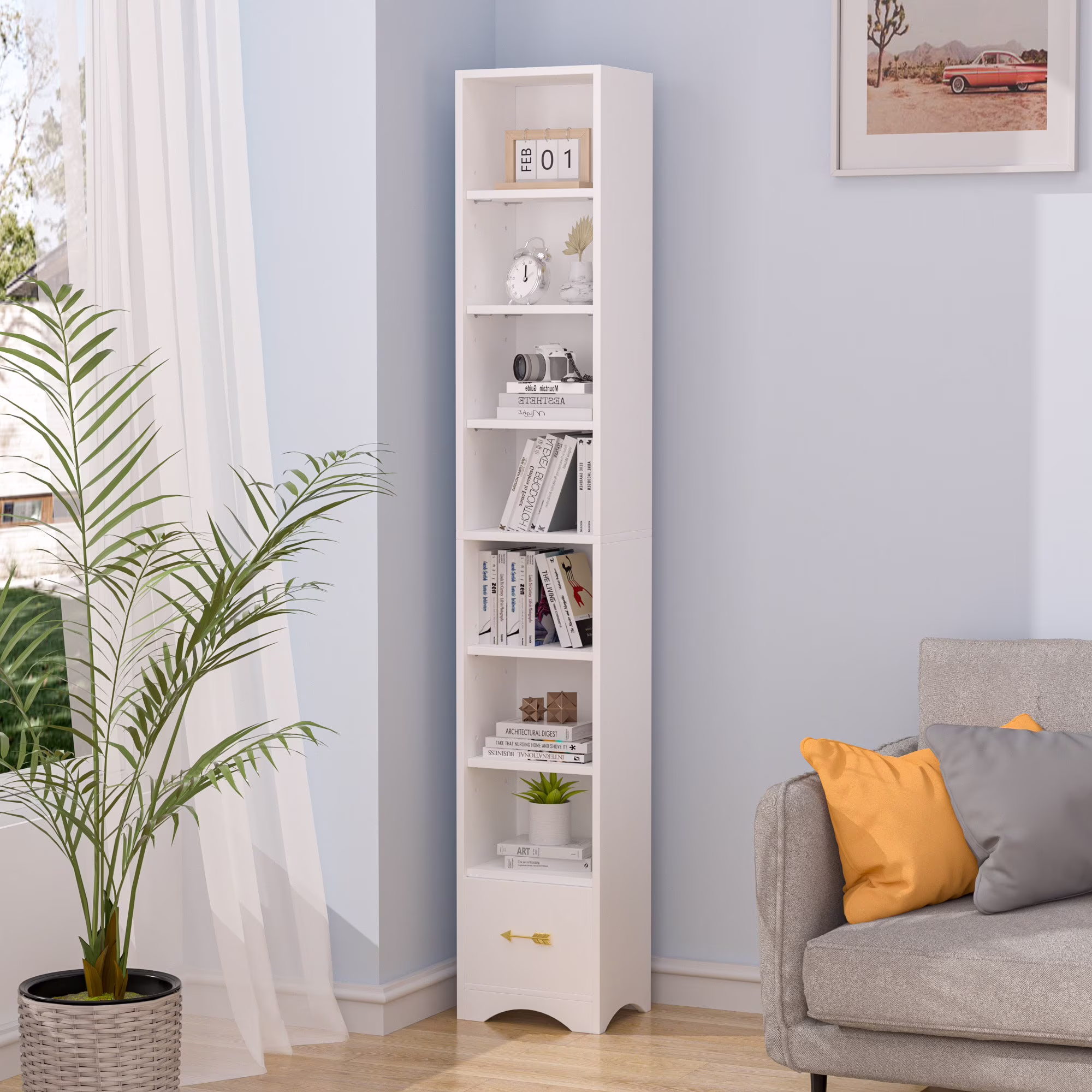 Javlergo 71" Tall Narrow Bookcase, Small Corner Bookshelf with Adjustable Shelves & Drawer, White
