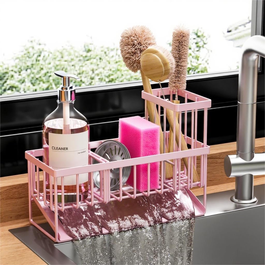 Cisily Sink Caddy Organzier with High Brush Holder, Sponge Holder for Sink, 304 Rustproof Stainless, Kitchen Countertop Soap Dispenser Organizer, Dark Gray Kitchen Decor and Accessories