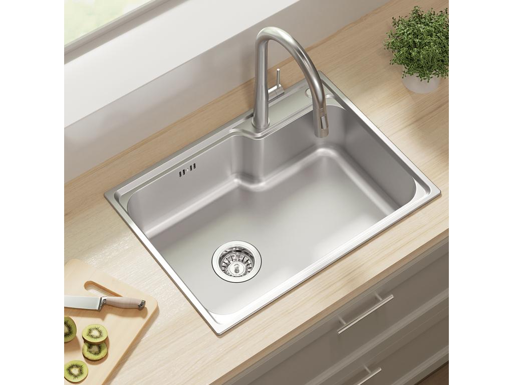 Tucasago Fregadero Cocina 1 Bandeja 62*45*21CM,Acero Inoxidable PVD Nano Lavabo Colocar, Plata+Mezclador Cocina Plegable Giratorio 360°
