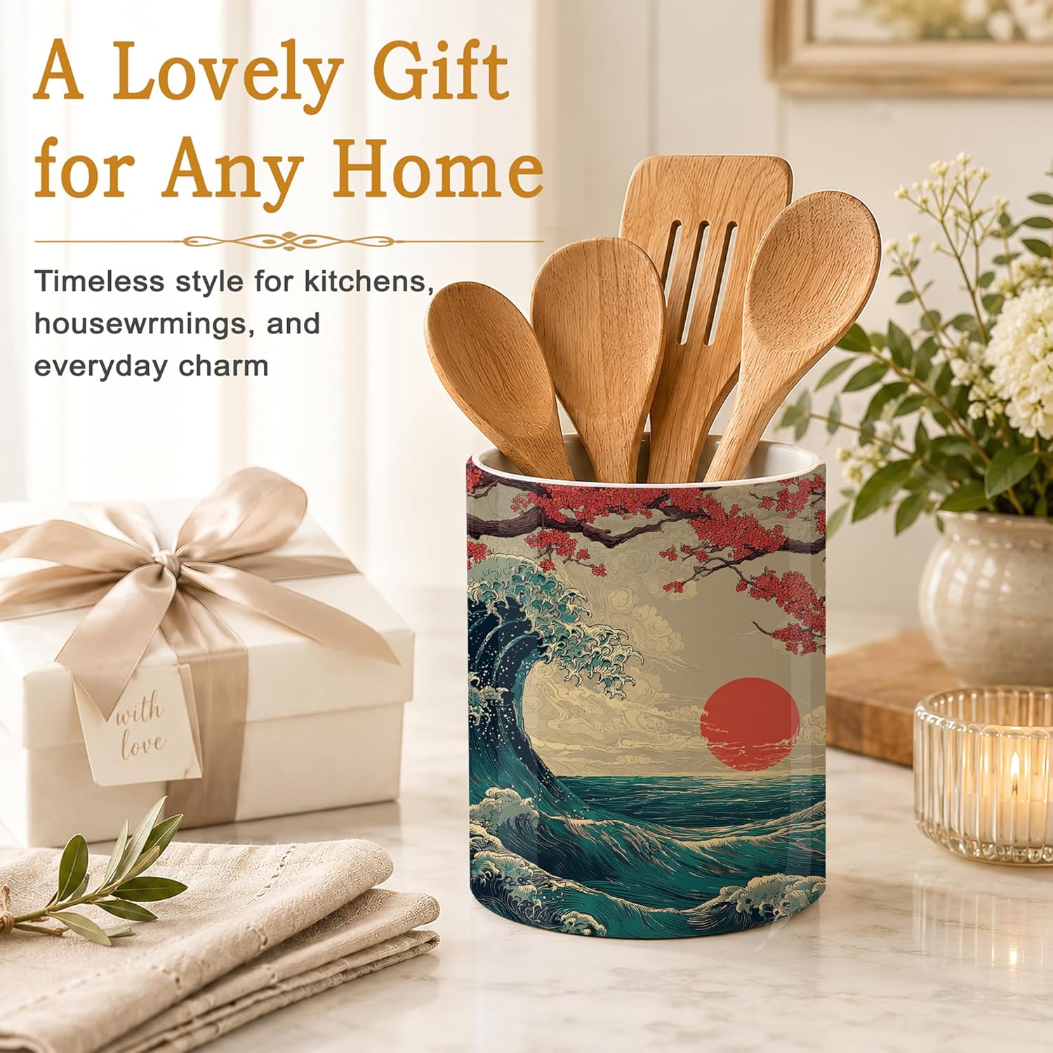 Japanese Waves Kitchen Utensil Holder,Sunrise Cherry Blossoms Ceramic Utensil Crock for Countertop,Cooking Tools Storage jar for Spatulas and Spoons,Housewarming Gifts 6.3