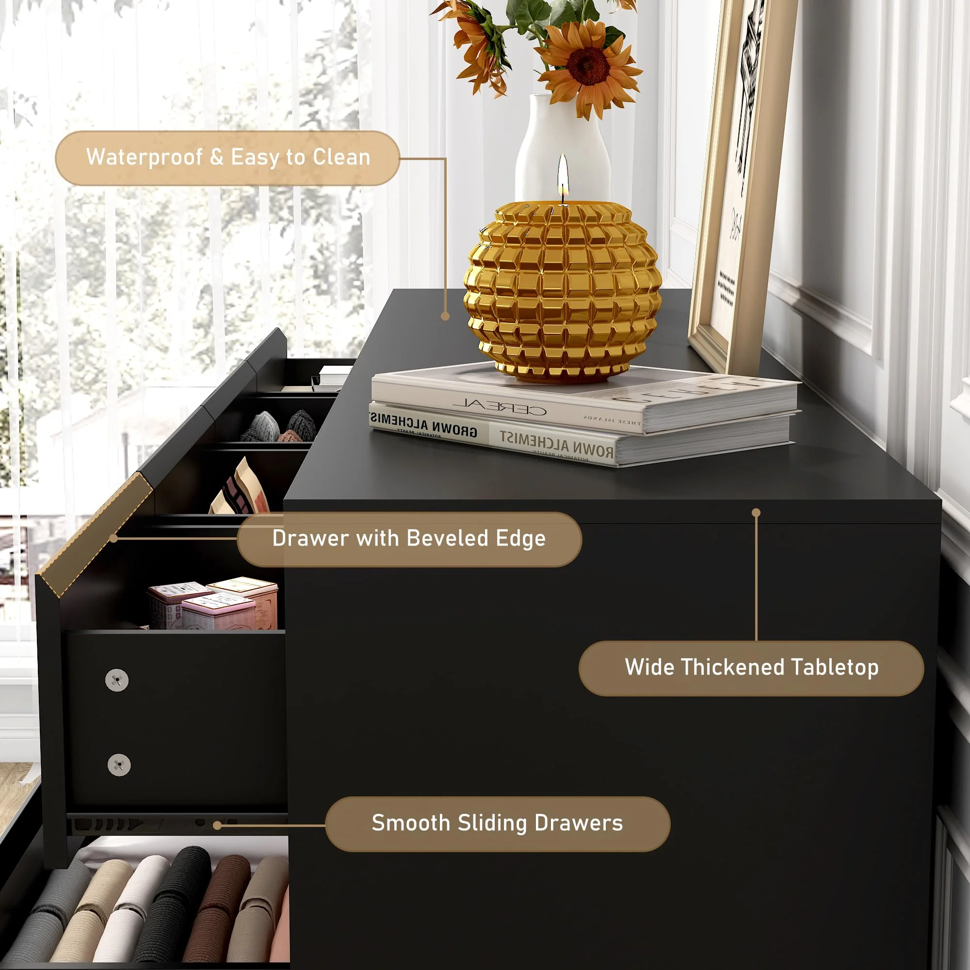 ChVans Black 9 Drawers Dresser with Charging Station, 63" Long Modern Dresser with 9 Drawers for Bedroom, Large Wood Chest of Drawers Handle Free, Dresser for Bedroom, Living Room, Hallway - Image 25