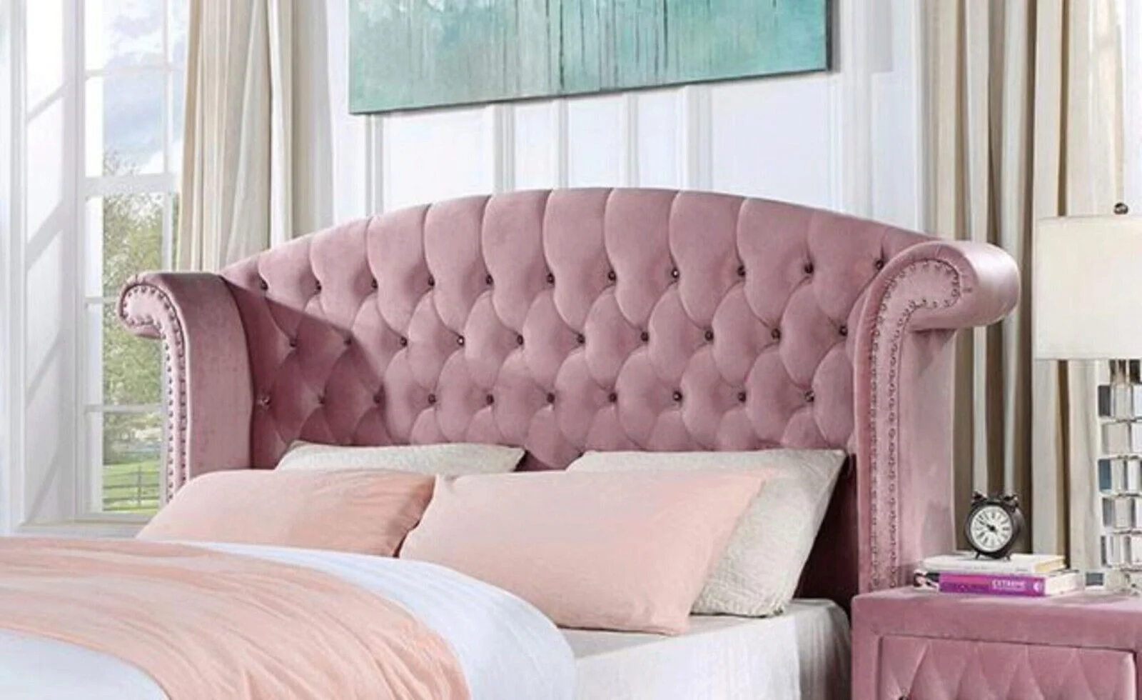 Glam Pink Upholstered Tufted Velvet Like Fabric 4pc Full Size Bed Set Dresser Mirror Nightstand Bedroom Furniture - Image 5