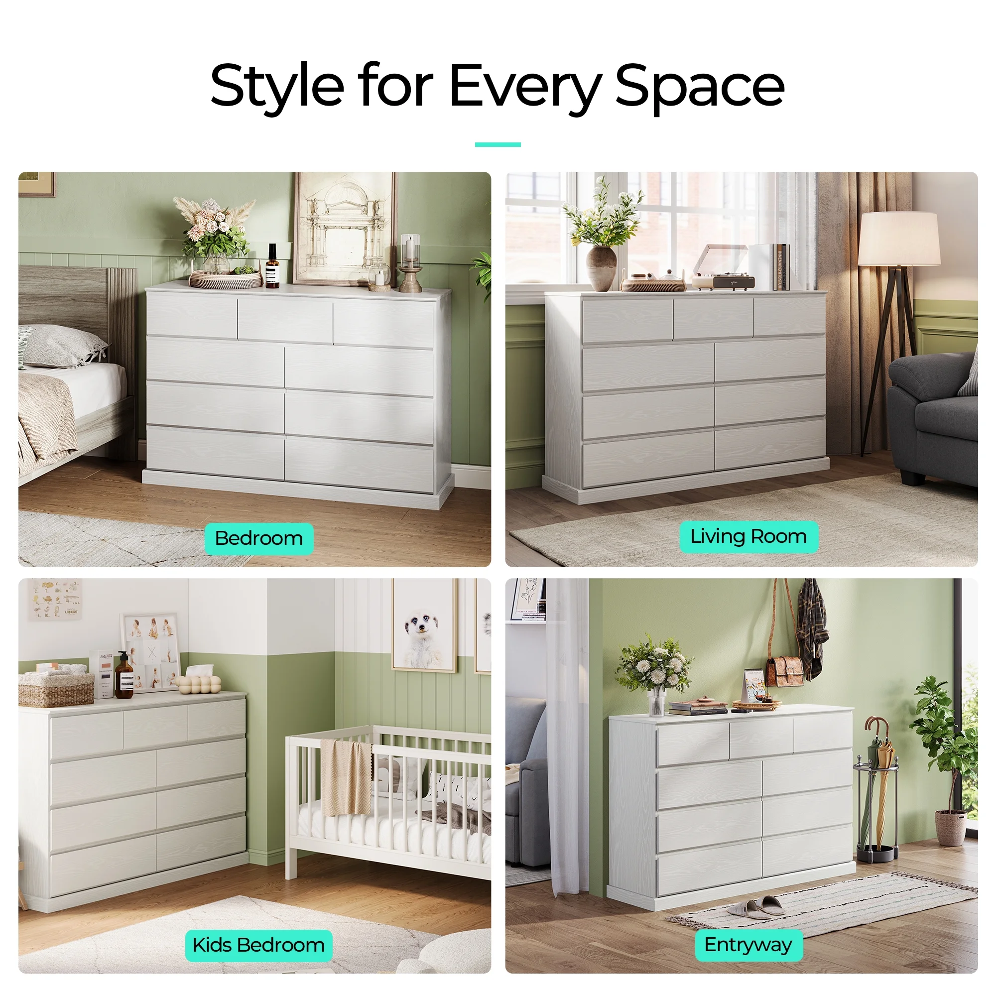 Linsy Home Modern Wood Dressers for Bedroom, Wide Chest of 9 Drawers, White - Image 8