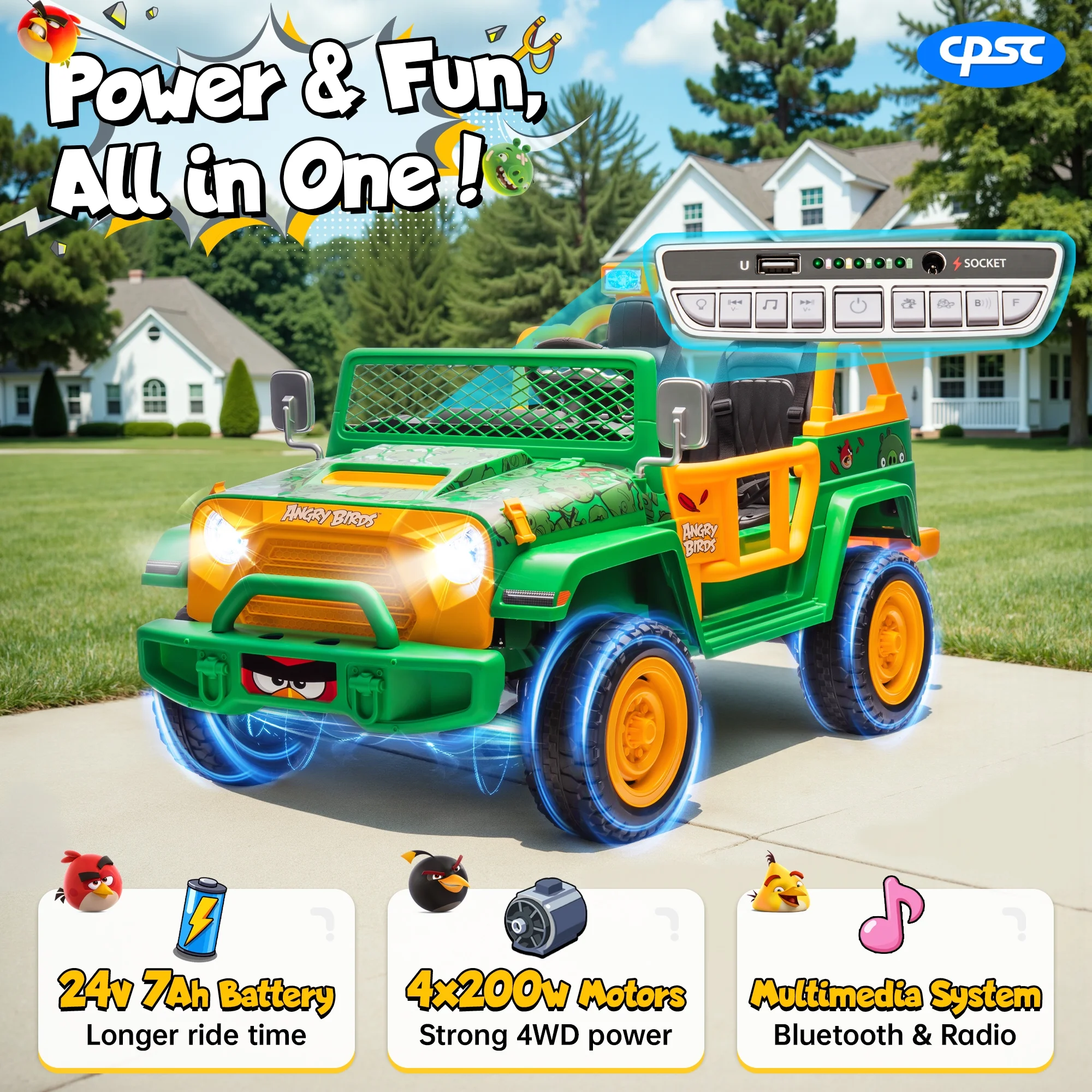 Joyracer 24 Volt Ride on Toys for Big Kids, Licensed Angry Birds Ride on Truck with Remote, 2 Seater 4WD Electric Ride ons with Shovel, Bluetooth, Lights, Power Car Wheels for 3-8, 130lbs, Green - Image 4