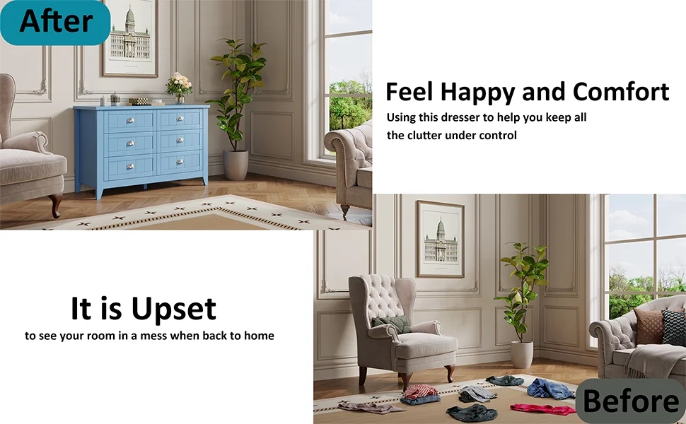 6 Drawer Dresser, Light Blue Elegant Chest of Drawers, Large Cabinet with Storage, Rustic Wood Chest of Drawers for Bedroom, Living Room, Hallway - Image 6
