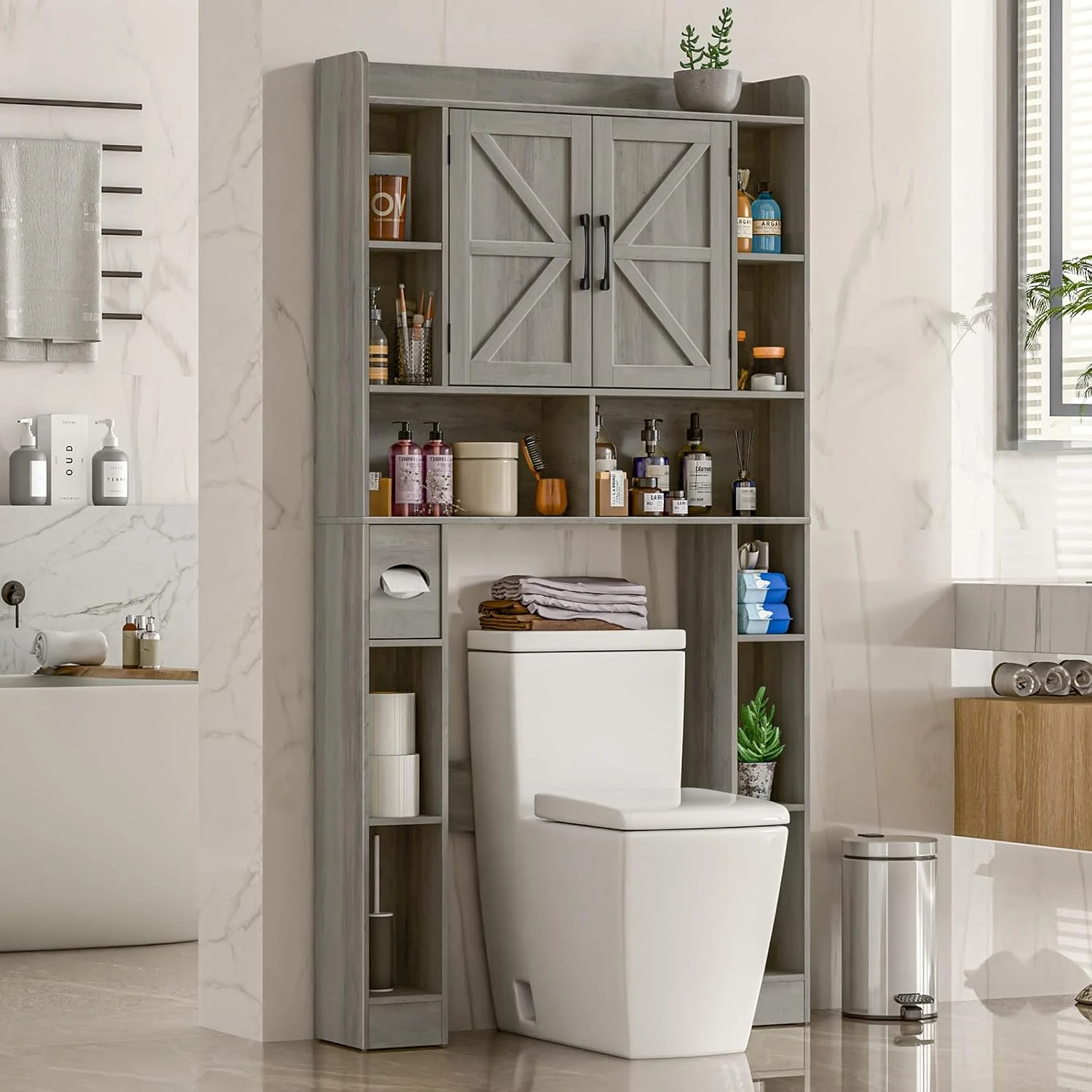Vabches Over The Toilet Storage Cabinet, Freestanding Bathroom Space Saver with Adjustable Shelf and 2 Doors - Image 6