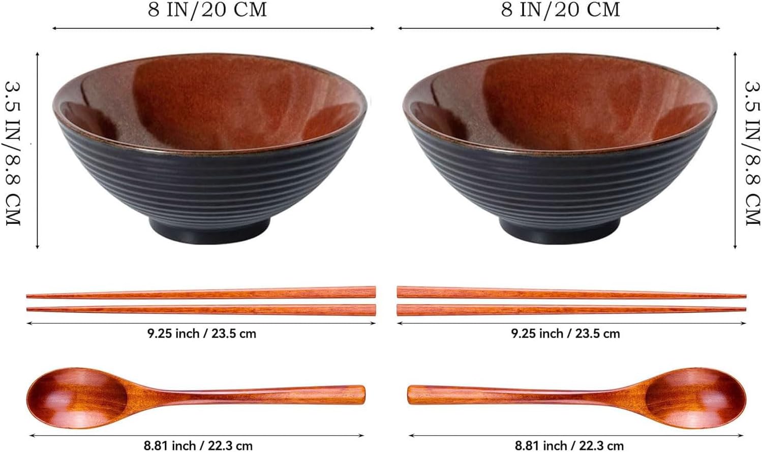 2x Ceramic Ramen Bowls - 40 oz - 20cm - With Spoon and Chopsticks for Ramen Soup Pho Udon Asian Noodles, Large Noodle Bowls (Brown glaze 2 sets)