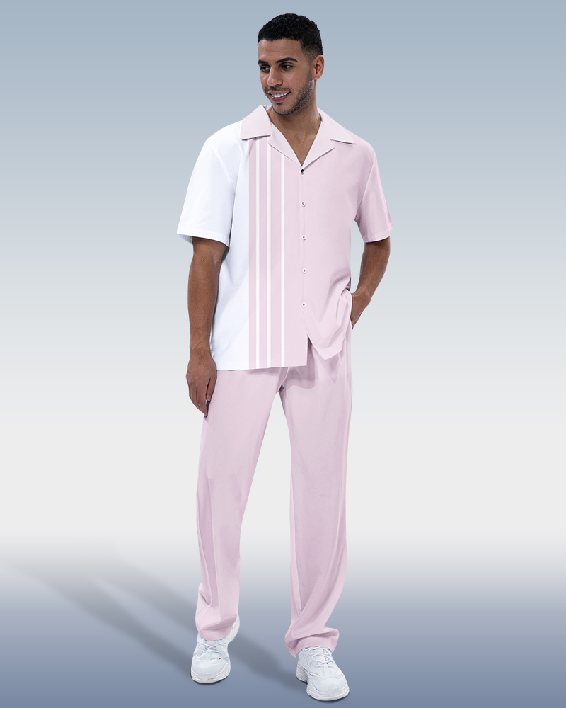 Suitmens Mens Vertical Stripe Two-Piece Short Sleeve Printed Walking