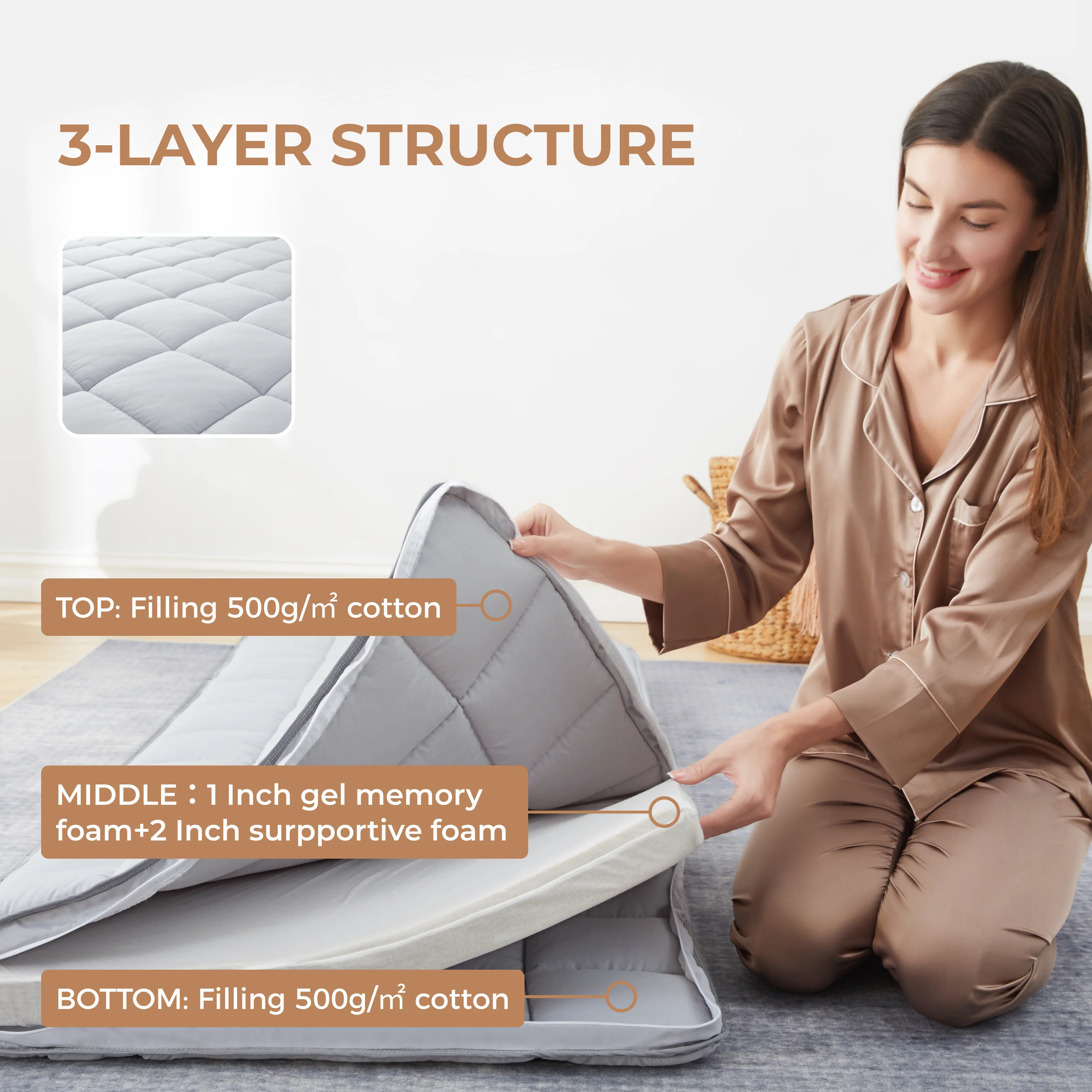 Jamdok 4Inch Floor Mattress,3-Layer Structure,Narrow Twin Size Gel Memory Foam,Removable Pillow Top Cover,Roll up Cot Mattress Topper,Portable Sleep Mat(75X30X4-) - Image 2