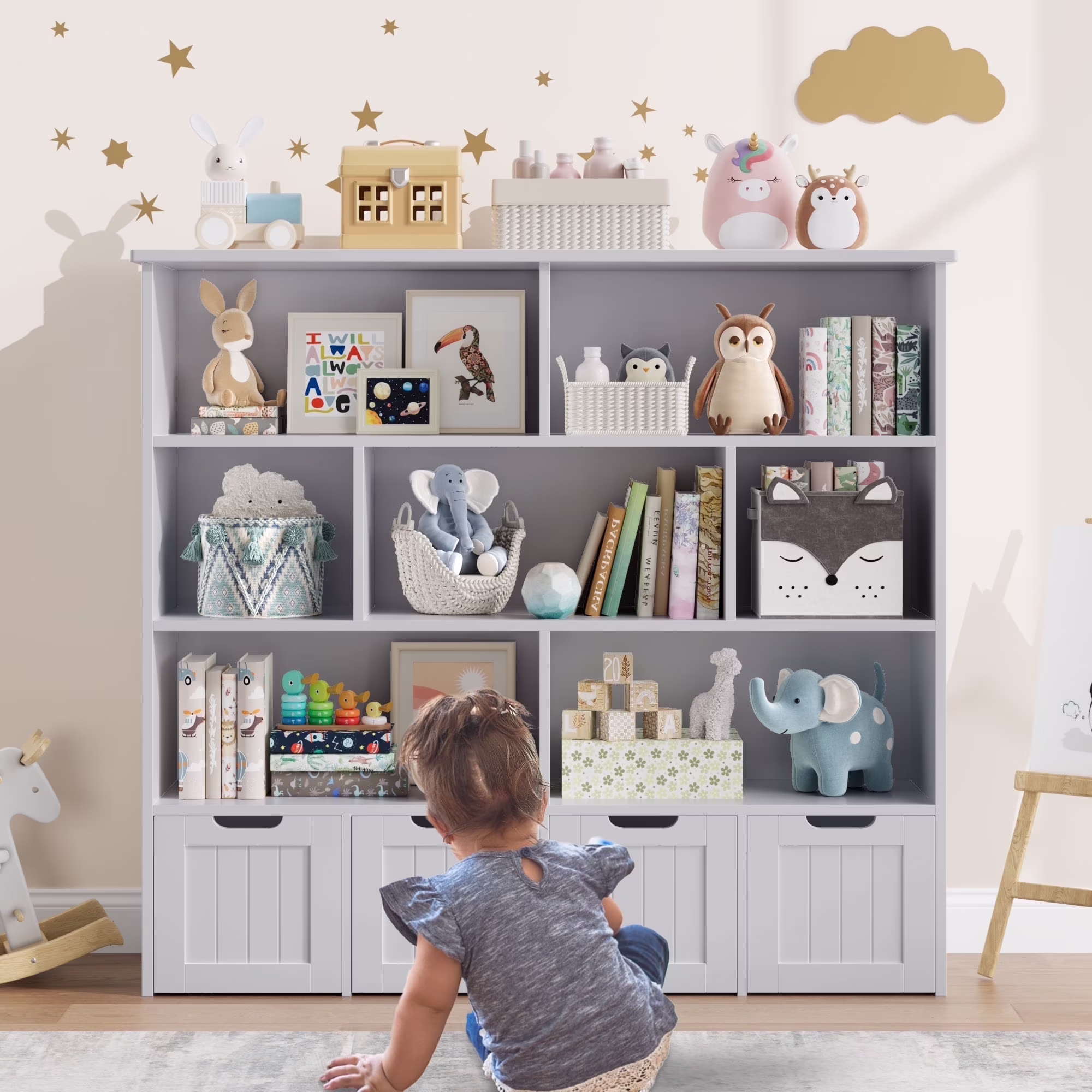 Homfa 7 Cube Toy Storage Organizer, Kids Geometric Bookcase and Bookshelf with 4 Drawers, White - Image 3