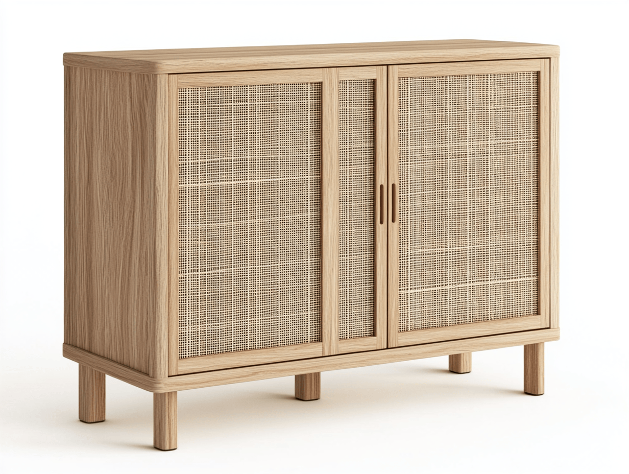 Armario de madera clara y ratán con cuatro puertas