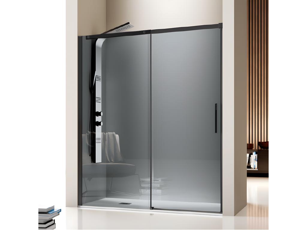 Frontal de ducha + Puerta Corredera LUNA Negro con Cristal serigrafiado 125 cm Lateral Fijo : 66.5 - 69 cm