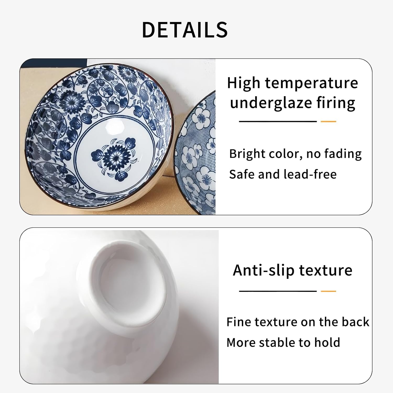 Rice Bowls 10oz, Japanese Style Bowls Set of 6 with Gift Box - Blue and White Ceramic Bowls for Soup, Dessert, Ice Cream, Snack - Kitchen Gifts for Women (Blue and White)