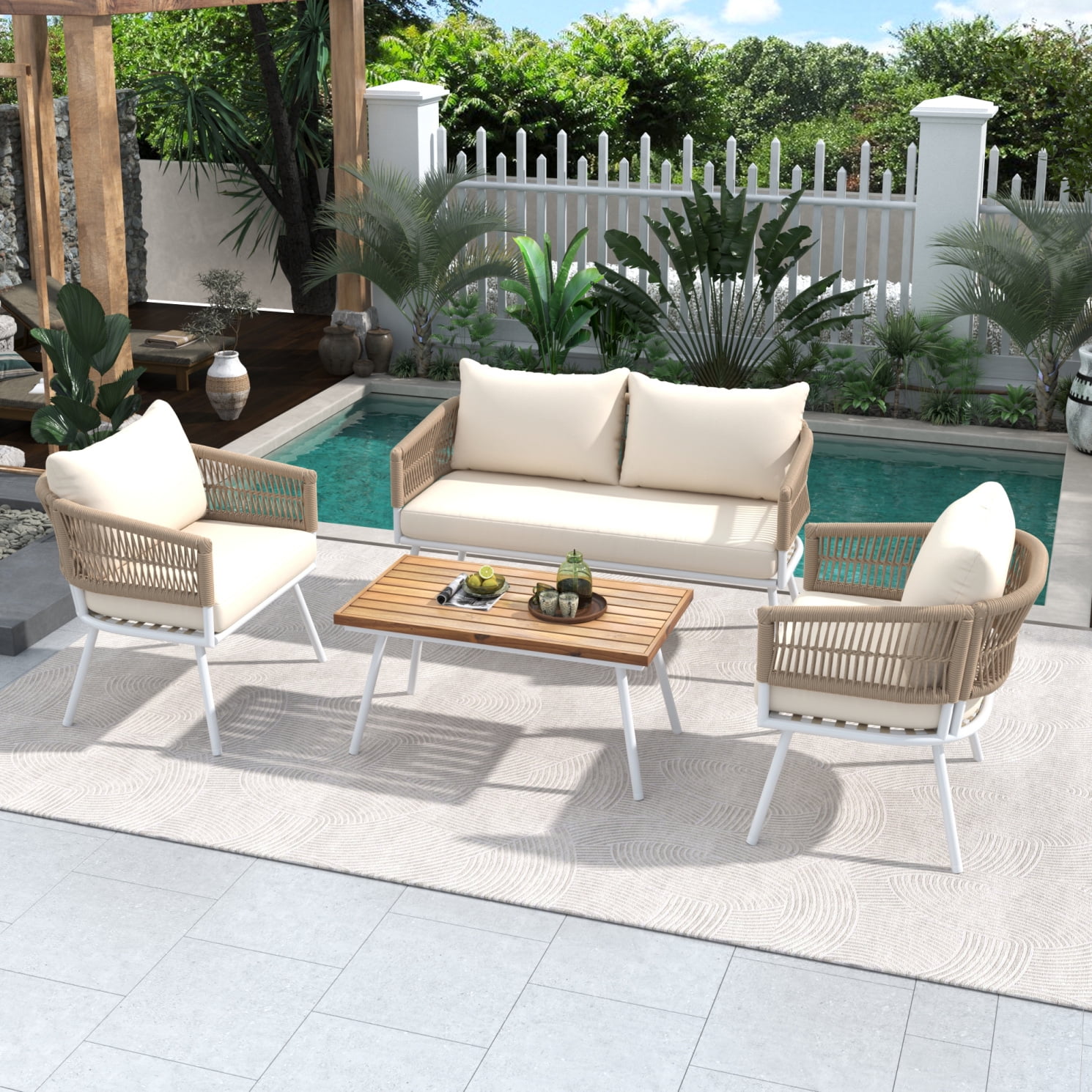 4-Piece Rope Patio Furniture Set with Ajustable Feet, Boho Rope Outdoor Conversation Set with Wood Table, Sofa Seating Set with Thick Cushion for Backyard Lawn Garden, Beige - Image 2