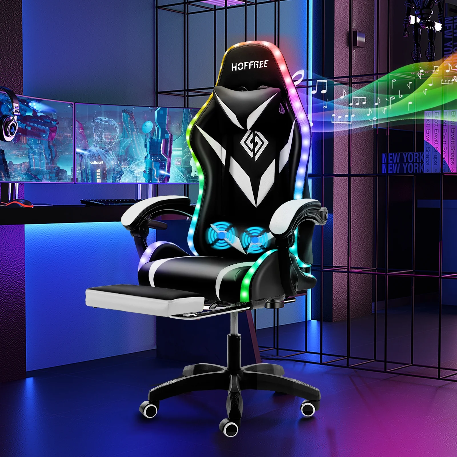 Hoffree Gaming Chair with Speakers PU Leather Office Chair with Footrest and LED Lights Ergonomic Gamer Chair with Massage Lumbar Support and Headrest Adjustable Swivel for Home Office 300lb - Image 66