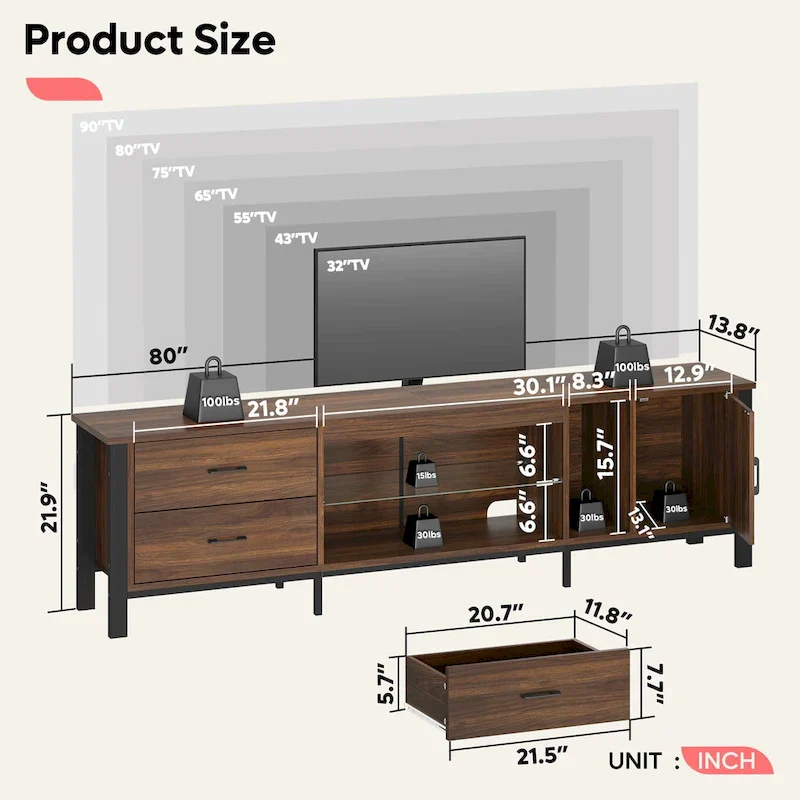 Contemporary 80-Inch TV Stand for 75/80/85 Inch TVs with 2 Drawers