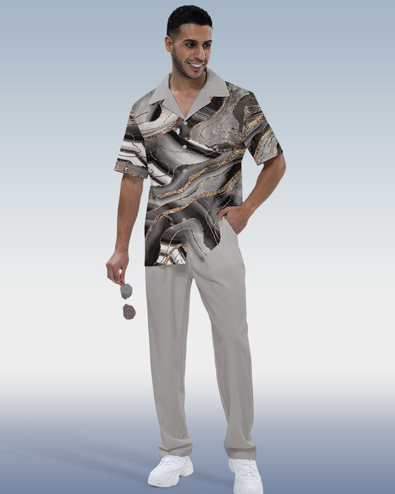 Suitmens Men's Ombre Print Short Sleeve Shirt Walking Set 4 Colors 370