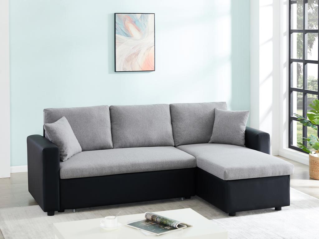 Sofá cama rinconera reversible de tela gris y piel sintética negra
