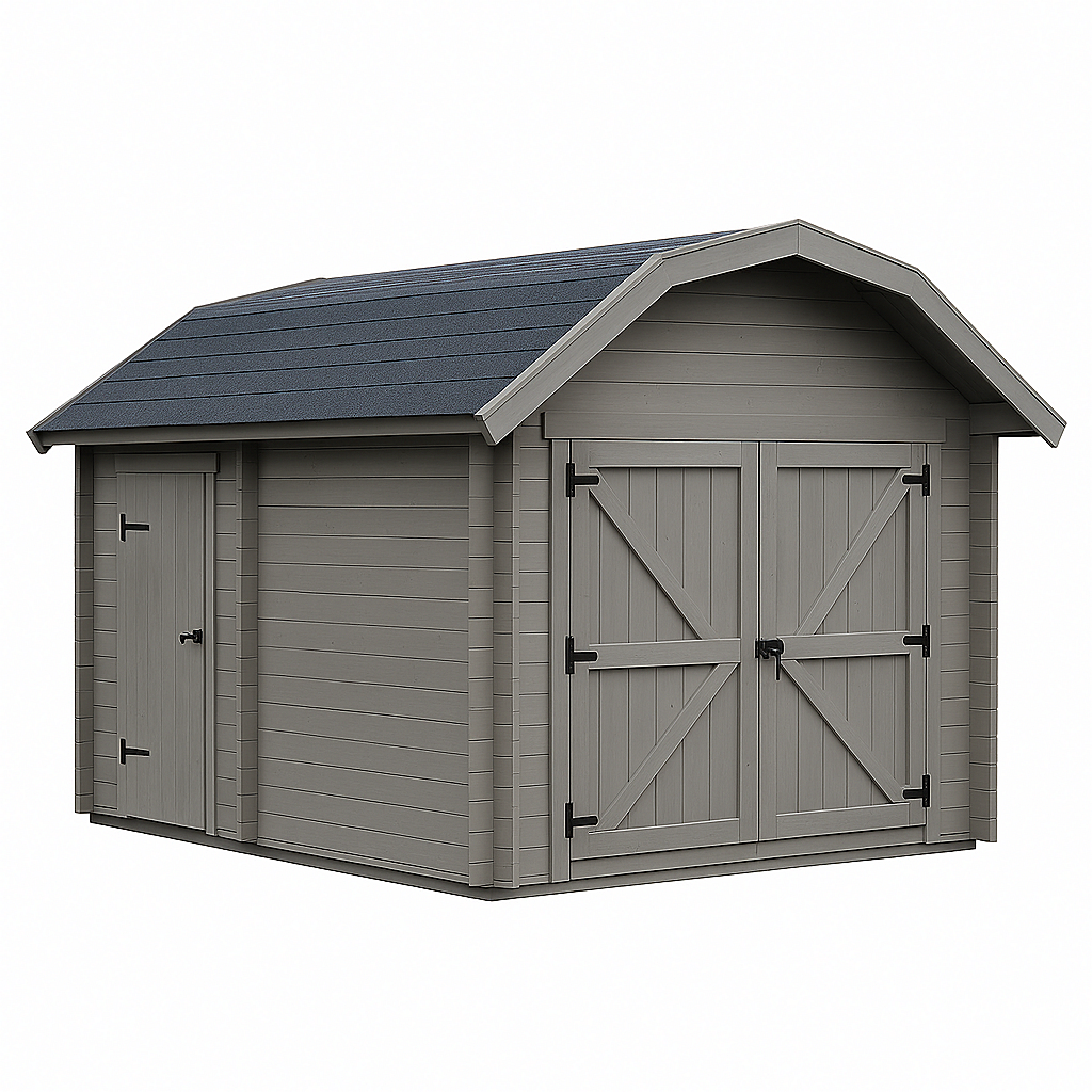 Garaje de madera, con puertas dobles y puerta lateral, color gris.