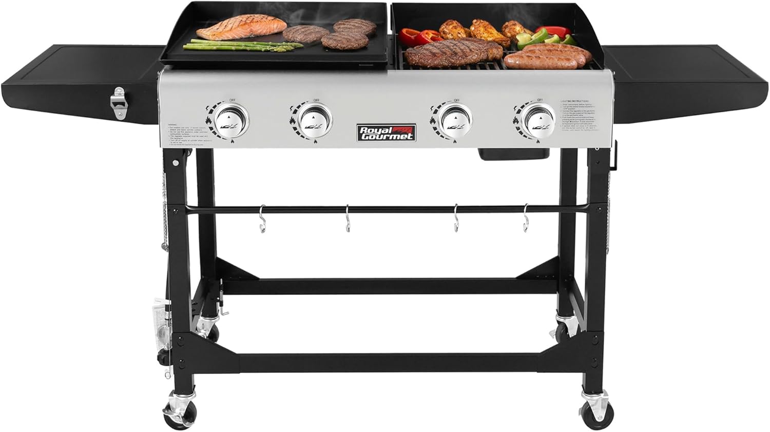 WAYFAIR Royal Gourmet GD401C 4-Burner Propane Gas Grill And Griddle Combo With Cover, Griddle Grill Combo With 48,000 BTUs Output For Outdoor Cooking While Camping Or Tailgating, Black & Silver