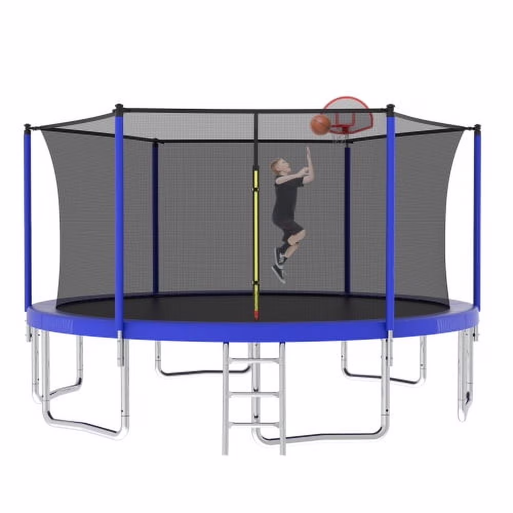 14FT Trampoline for Kids and Adults, Outdoor Large Recreational Trampoline with Ladder and Basketball Hoop, Blue