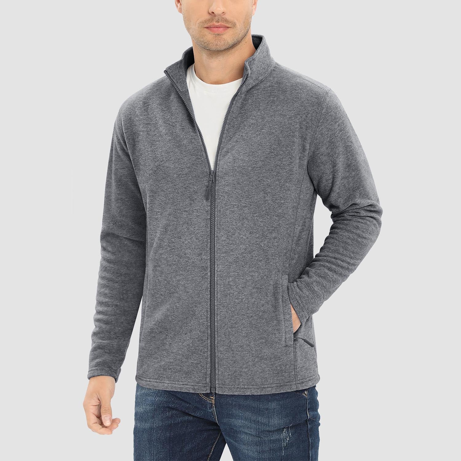 Men's Fleece Jacket Sweater Full Zip Up Coat With Zipper Pockets