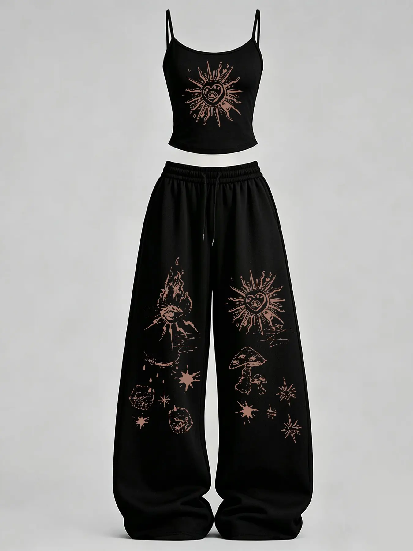 Women's Casual Home Wear Set, Sun Totem Print Slim Fit Tank Top + Loose Pants TeeThreads Sustain the Scene with Custom Apparel