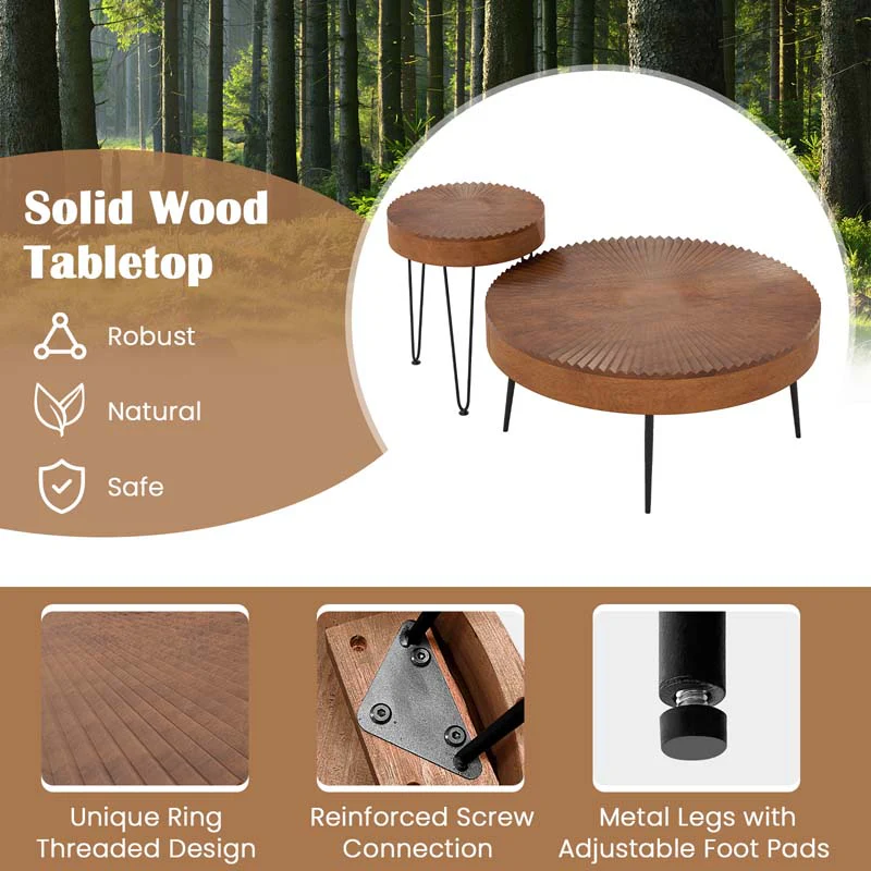 Eletriclife Set of 2 Boho Round Coffee Table with Solid Pine Wood Top and Metal Legs
