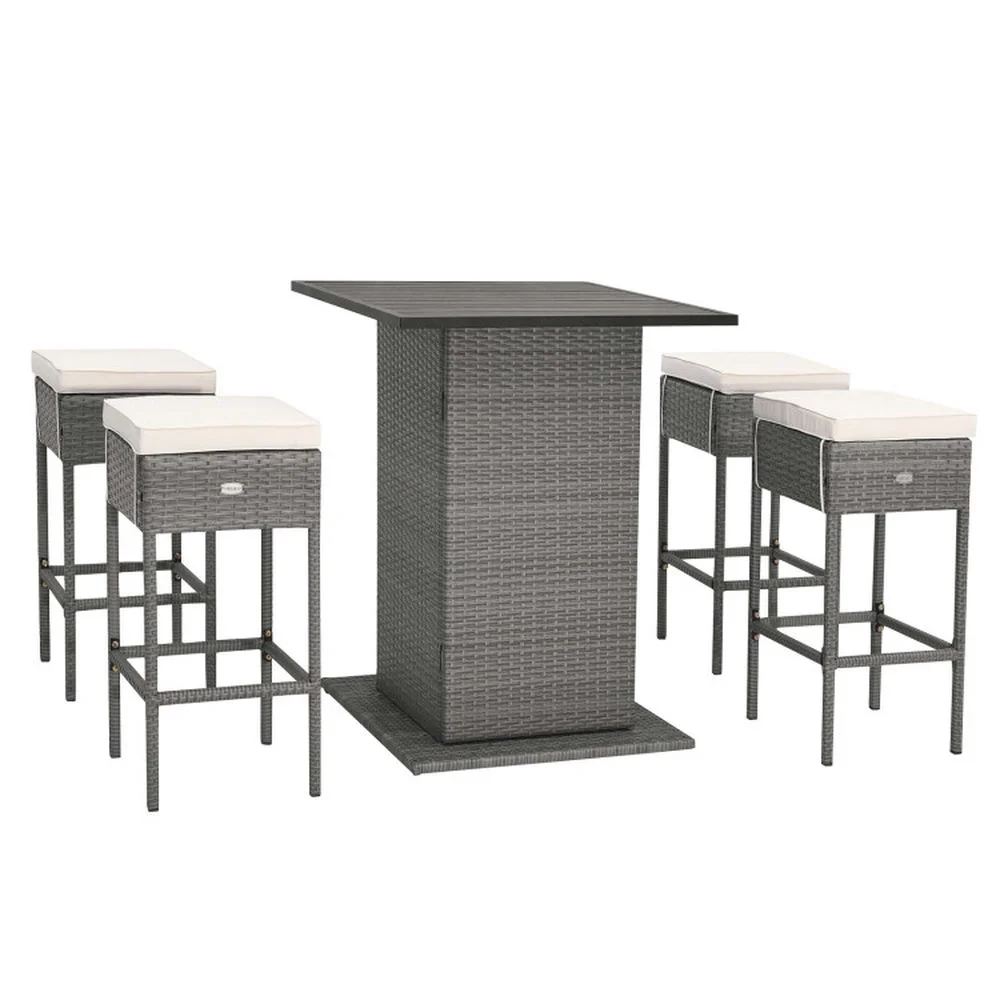 Topcobe 5 Pieces Outdoor Wicker Bar Table Set with Hidden Storage Shelves, Outdoor Patio Furniture for Garden Backyard Pool Deck-White - Image 15