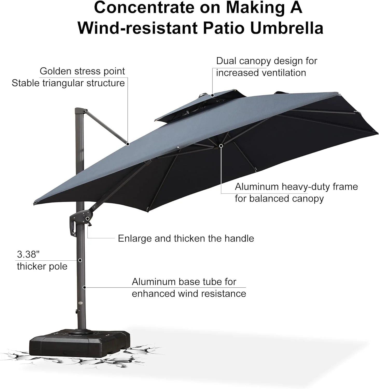 PURPLE LEAF Outdoor Cantilever Umbrella 10' X 13' Rectangle Umbrella Large Patio Umbrella Windproof Heavy Duty Hanging Offset Umbrella for Garden Outdoor Pool, Dark Grey - Image 12