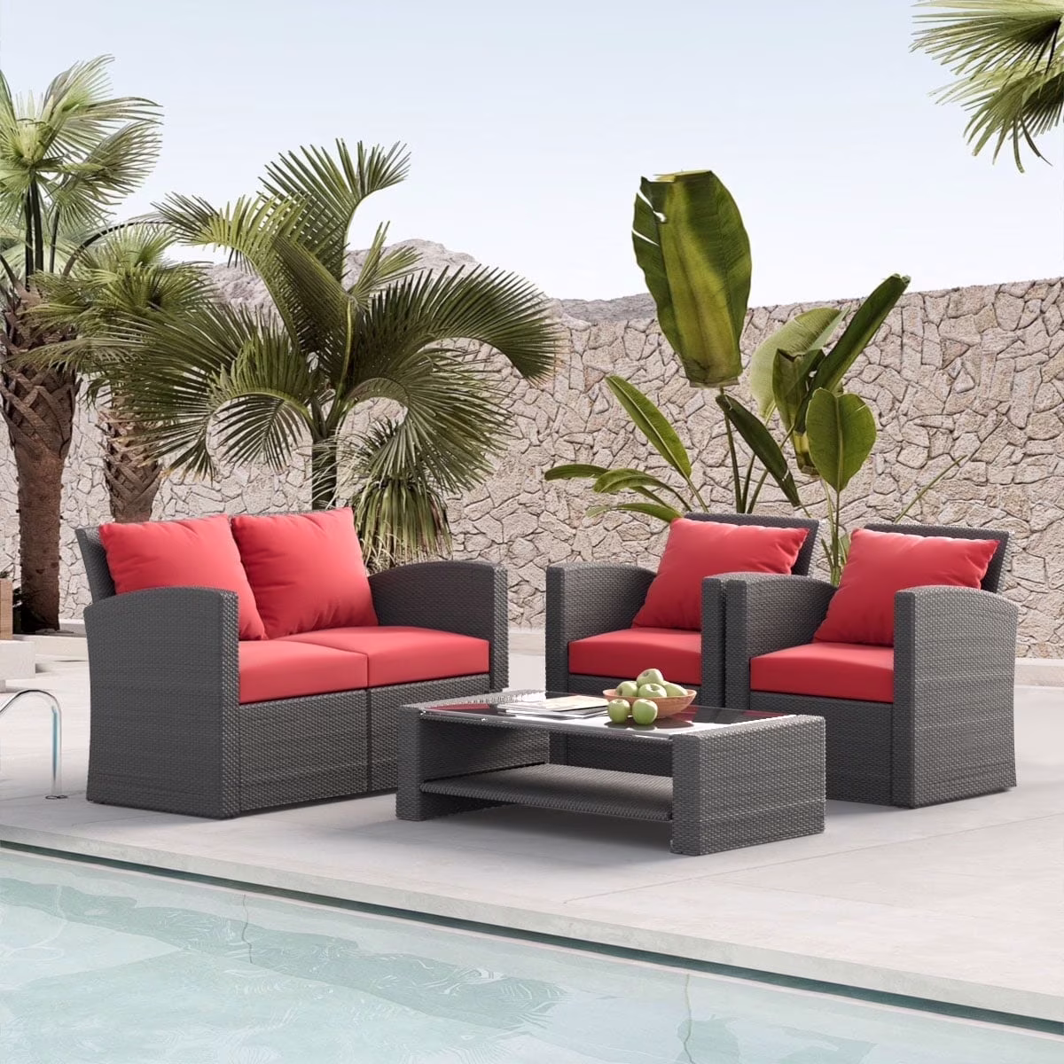 4 Pieces Patio Conversation Set, Outdoor Furniture Set with Cushion, Outside Sectional Rattan Wicker Sofa Furniture Set for Garden, Porch, Backyard, Gray - Image 5