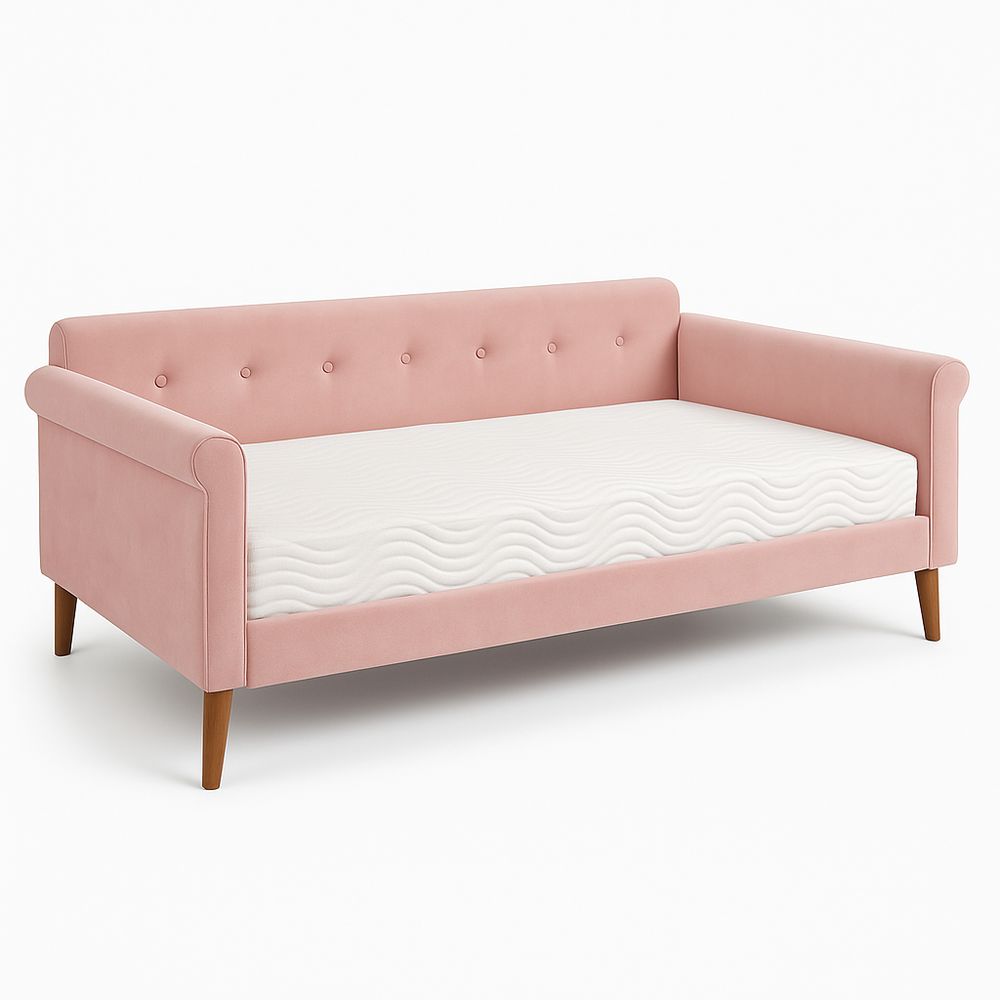 Sofá cama moderno de terciopelo rosa con estructura de madera, elegante y funcional, ideal para espacios pequeños