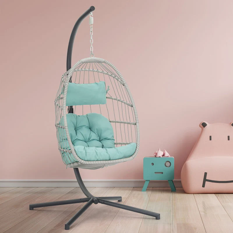 Hanging Egg Chair with Steel Stand and Fluffy Cushion, Lounge Wicker Iron Swing Chairs for Indoor Outdoor Patio Garden - Image 3
