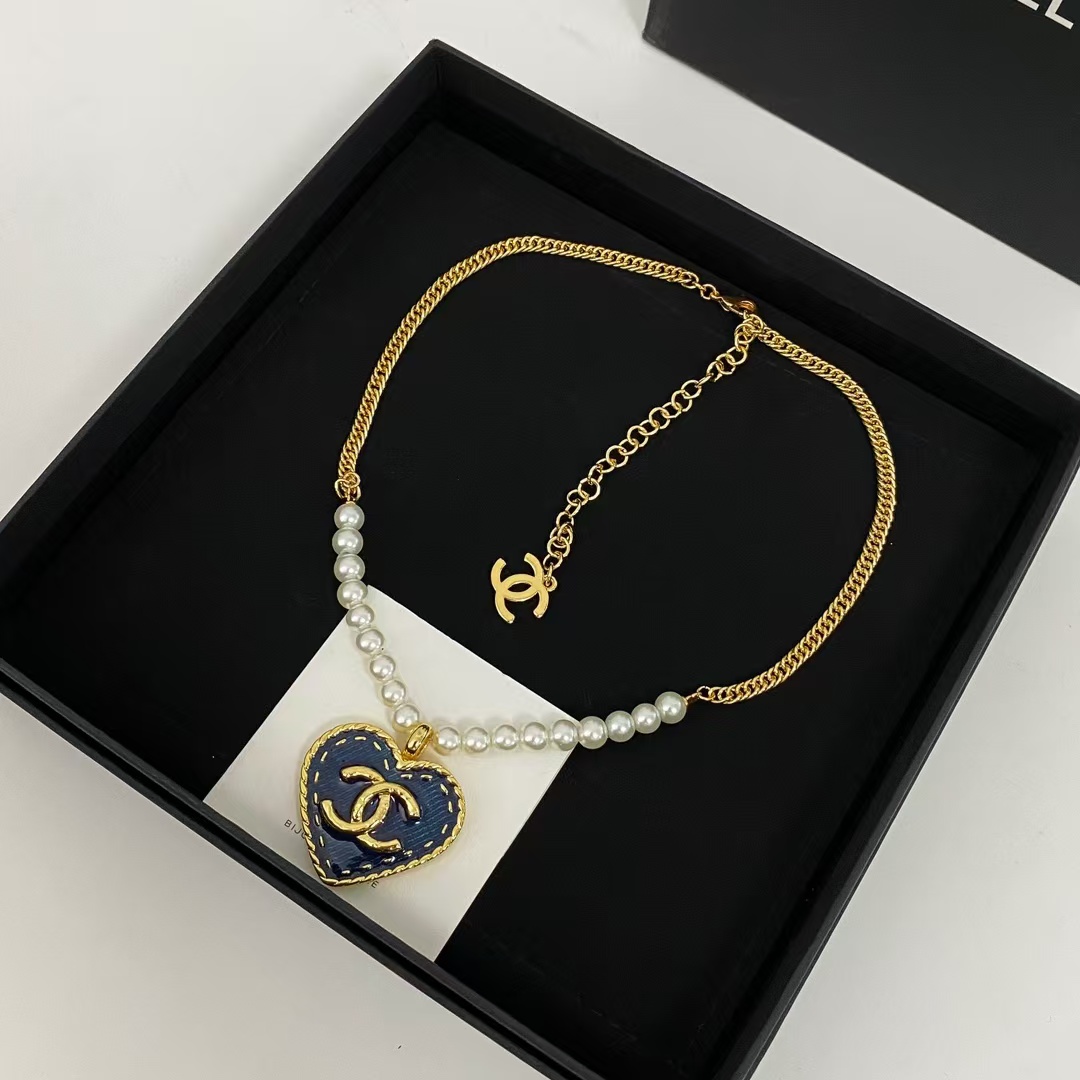 Chanel Denim Heart Double C Pendant Pearl Necklace - Original Replica Club