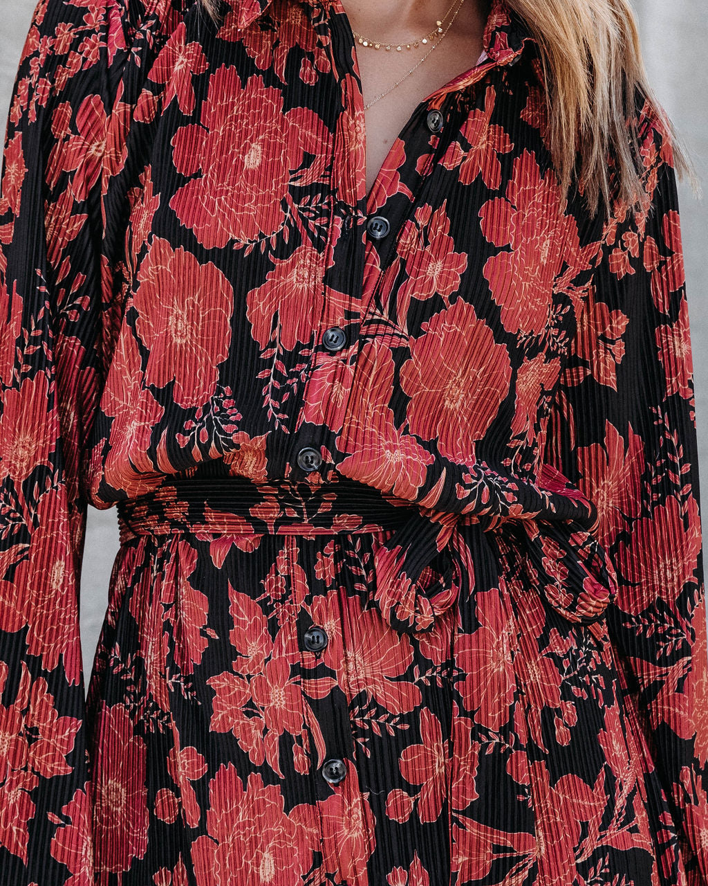 Autumn Expressions Floral Plisse Button Down Shirt Dress - Se7enfashion