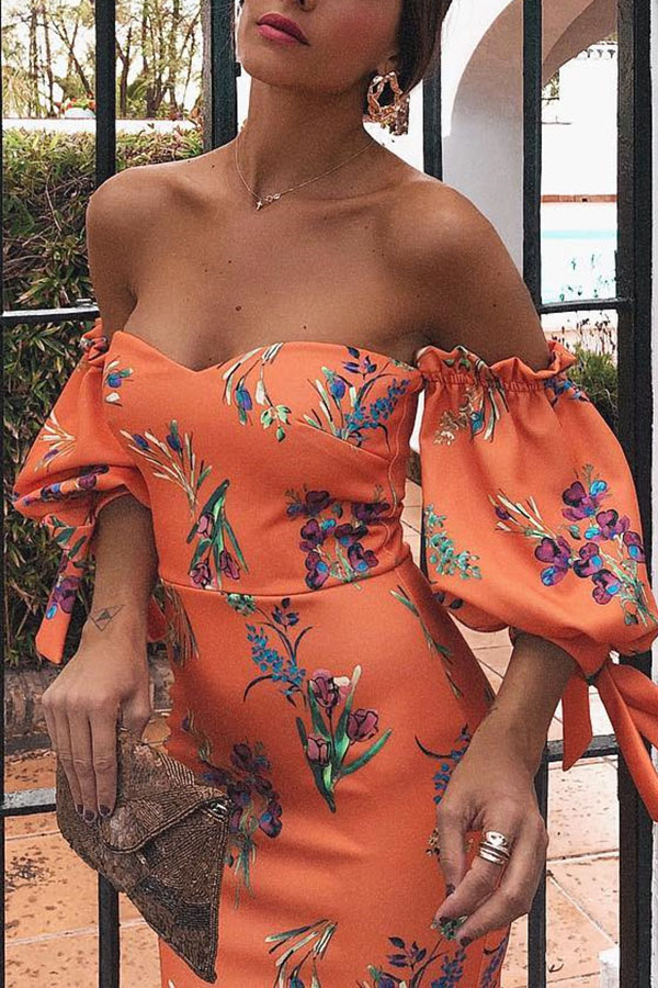 Sexy Orange Red Off Shoulder Floral Print Bodycon Dress