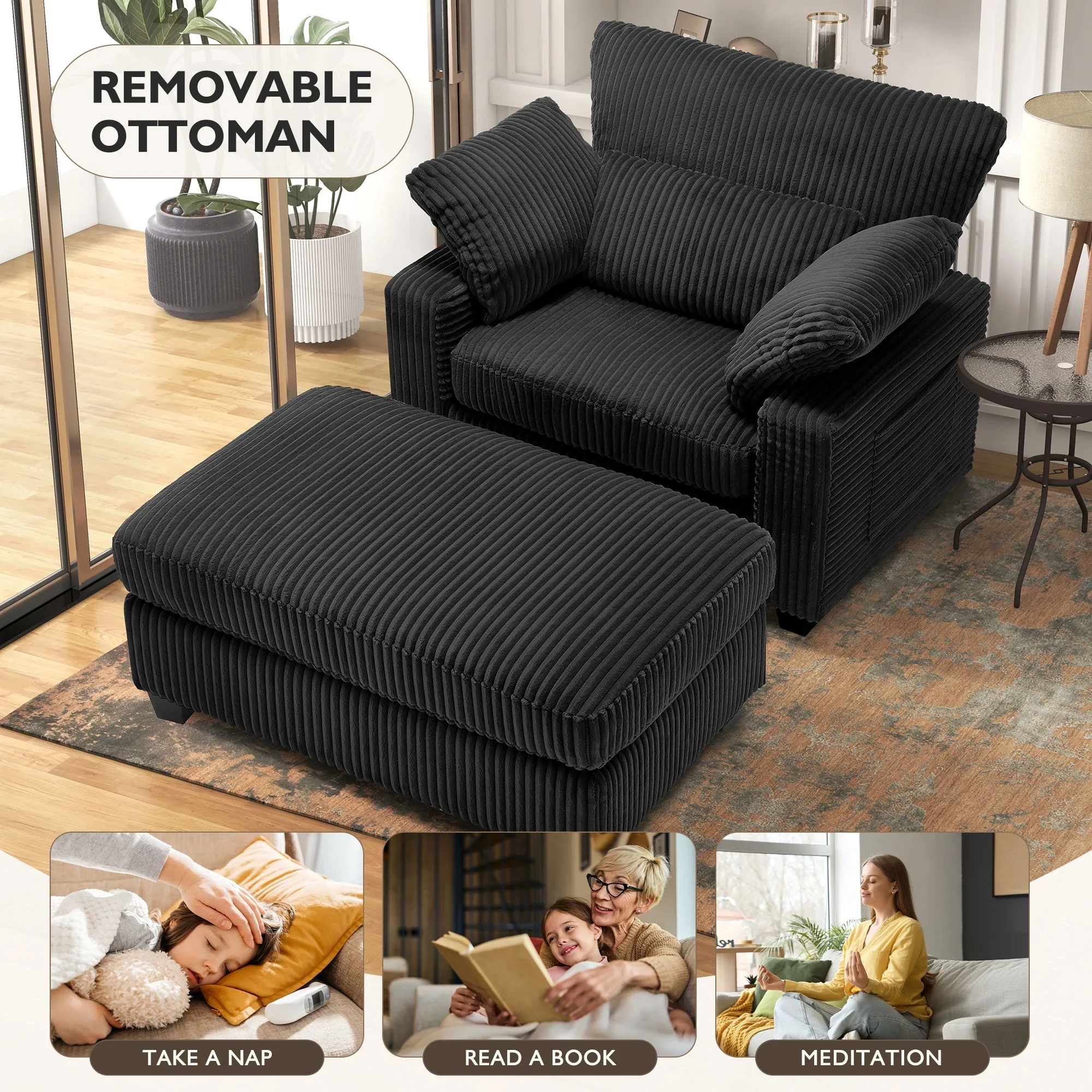 BedLuxury Oversized Accent Chair with Ottoman for Living Room, Single Sleeper Sofa Armchair with 3 Pillows, Lounge Sofa Bed, Green