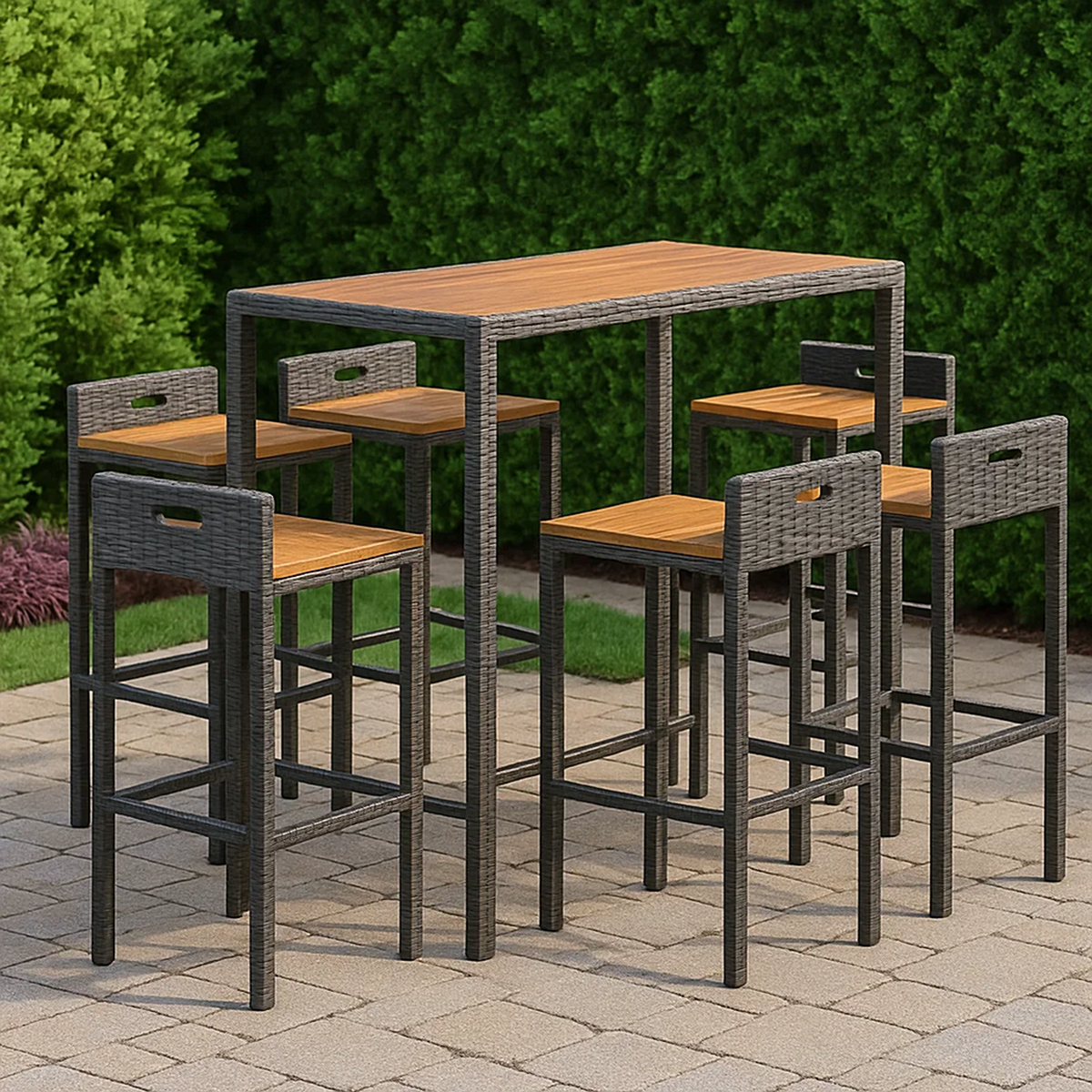 Conjunto de bar para jardín 7 pzas ratán sintético gris y madera – mesa alta y 6 taburetes