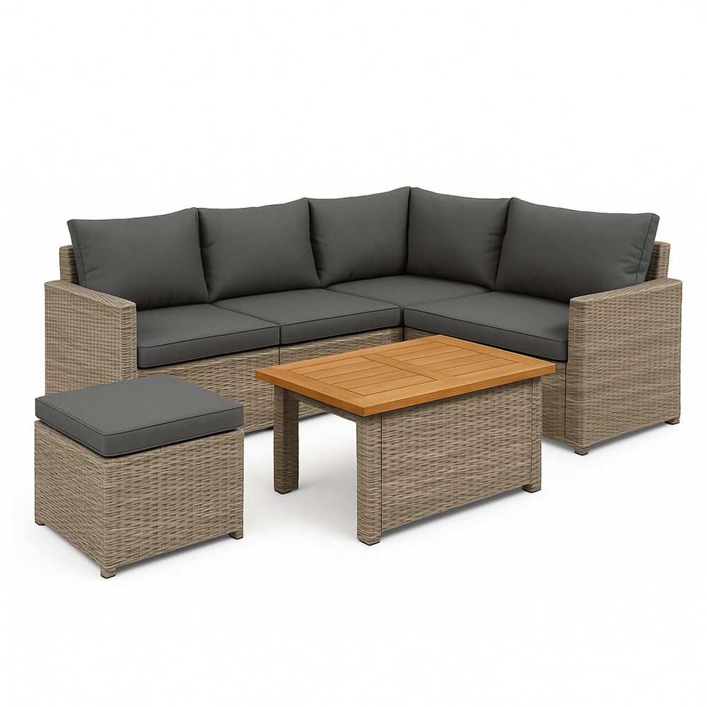 Juego de Sofá de Jardín Modular de Ratán con Cojines Grises y Mesa de Madera