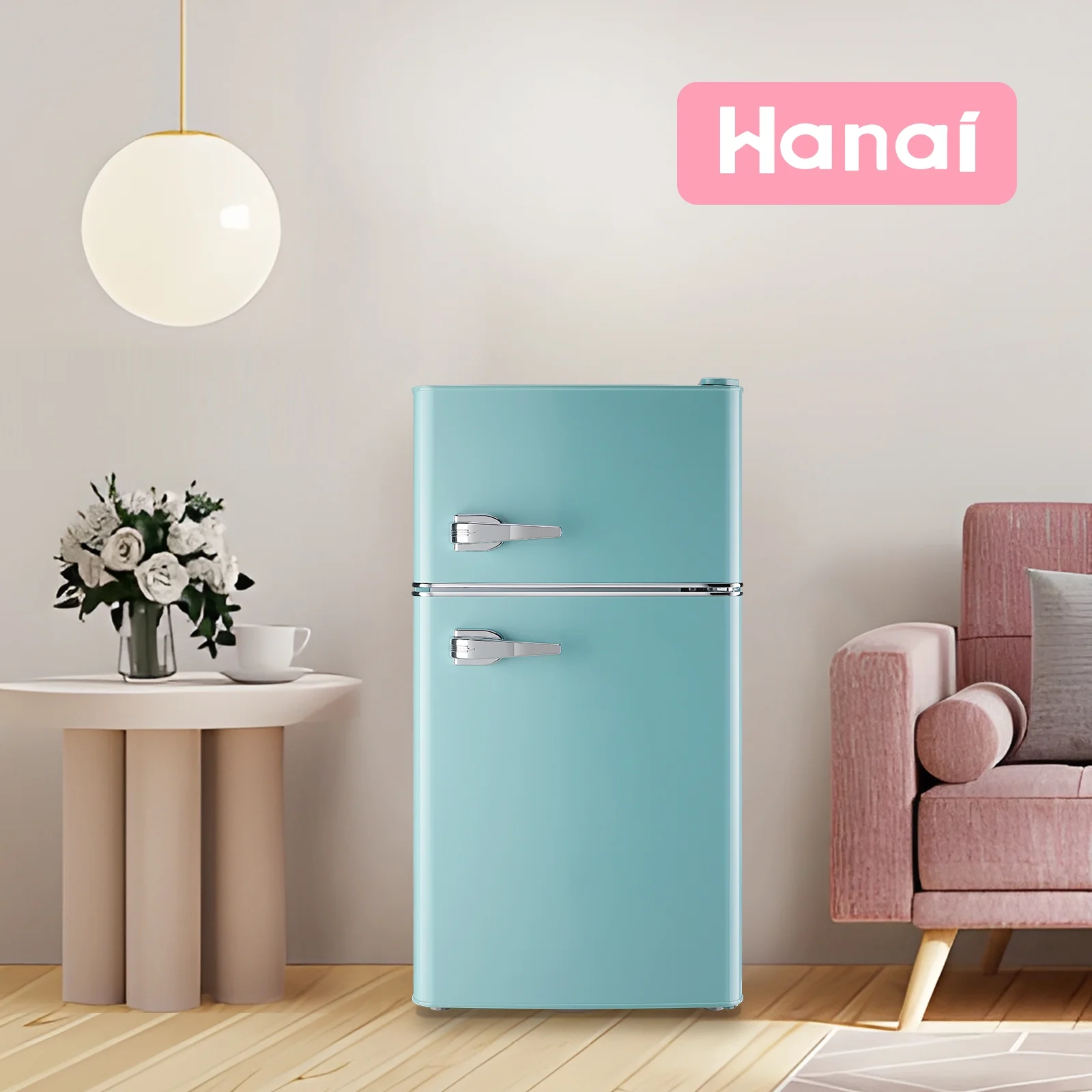 3.5 Cu.ft Compact Refrigerator WANAI Dual Doors Handles Mini Fridge with Top Freezer Blue New - Image 4