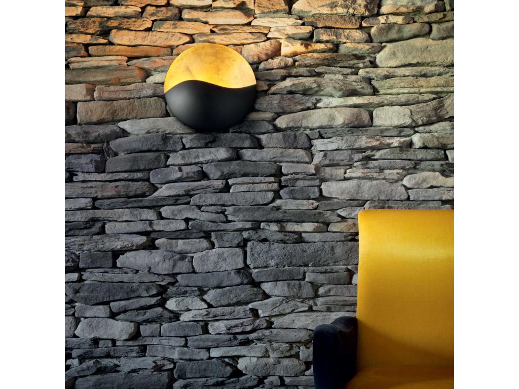 Lampada da parete rotonda in metallo nero e foglia oro