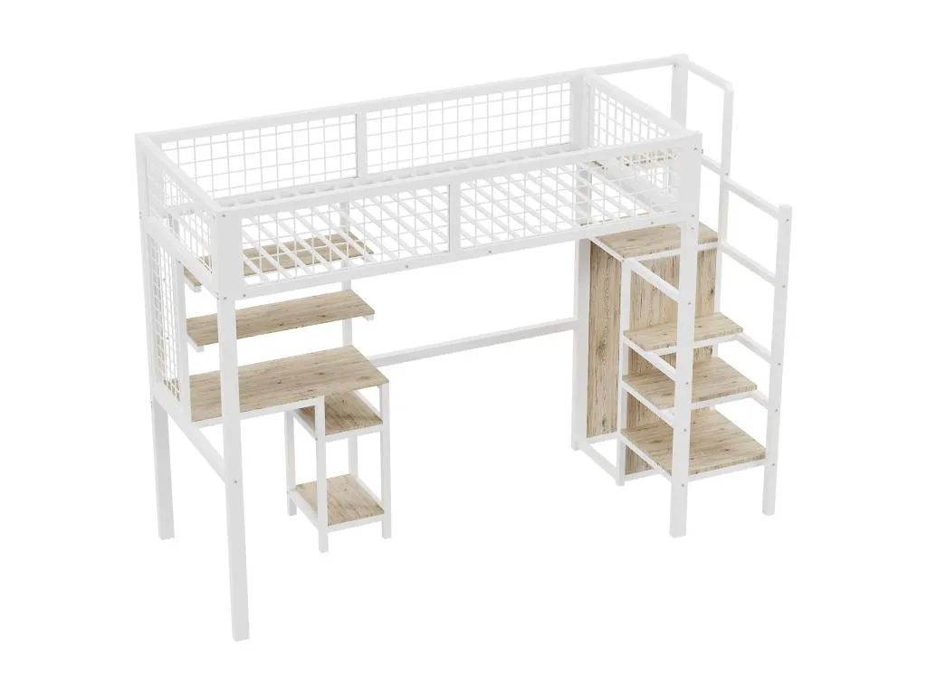 Cama alta 90x200 cm con escritorio, estantes, escalera y armario - estructura de metal - Cosinor ned1672897