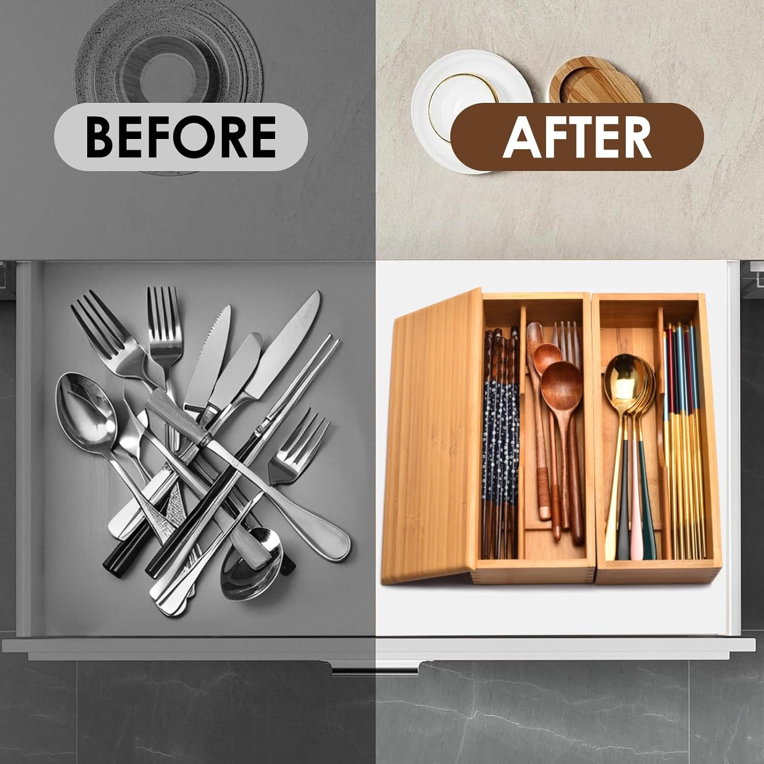 Chopsticks Storage Box with Lid - Bamboo Silverware Storage Utensil Drawer Organizer - Japanese Chopsticks Boxes with Lid - Cutlery Box Utensil Holder Container for Home Kitchen