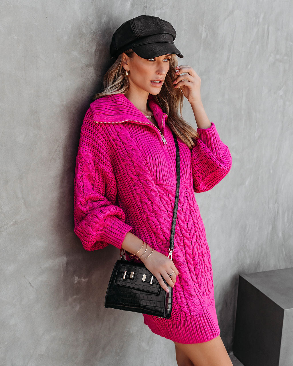 So Fetch Cable Knit Half Zip Sweater Dress - Hot Pink - SALE - Se7enfashion