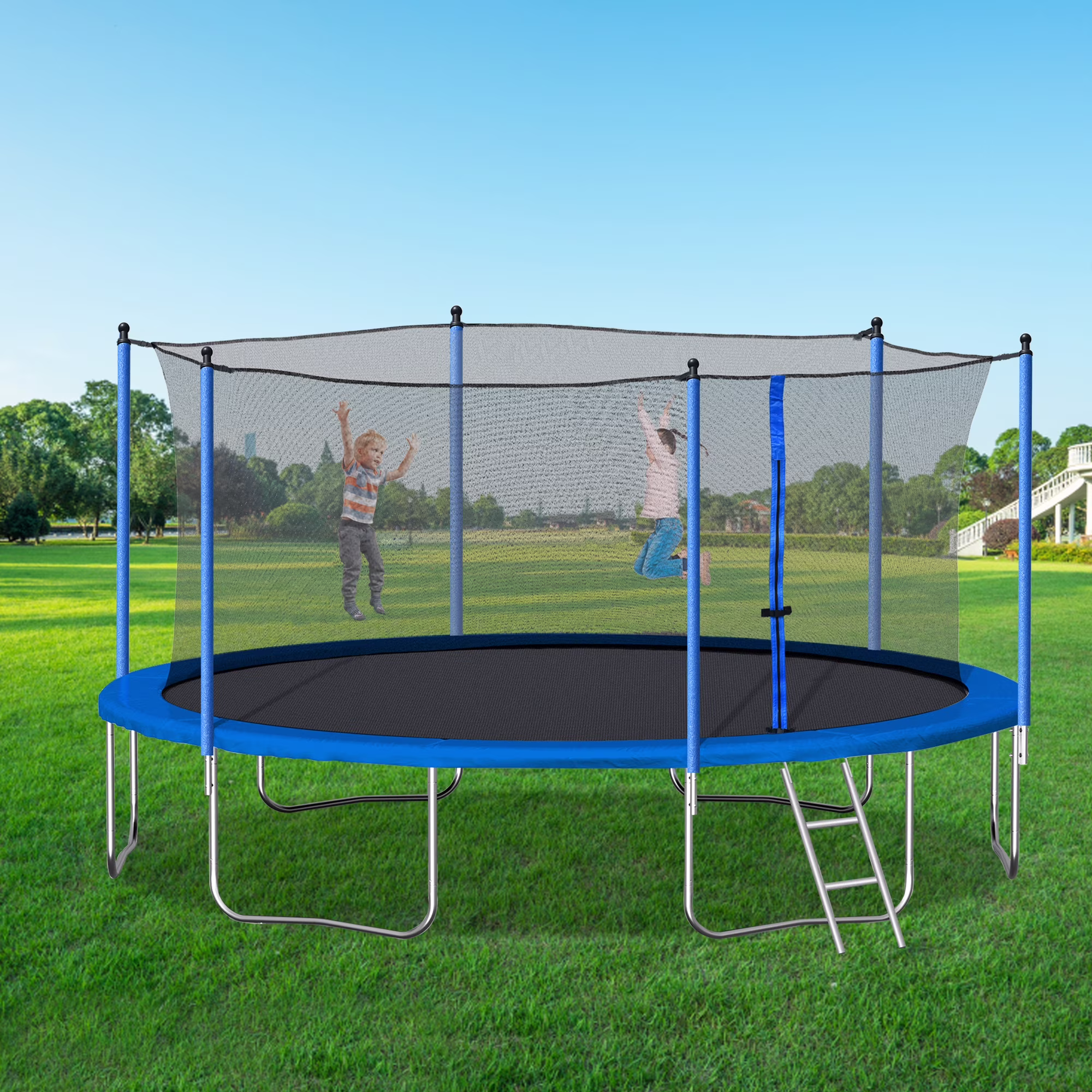 14FT Outdoor Trampoline with Safety Enclosure, Steel Tube Frame, Ladder Secure Net - Heavy Duty, Blue(Round/14'/Blue)