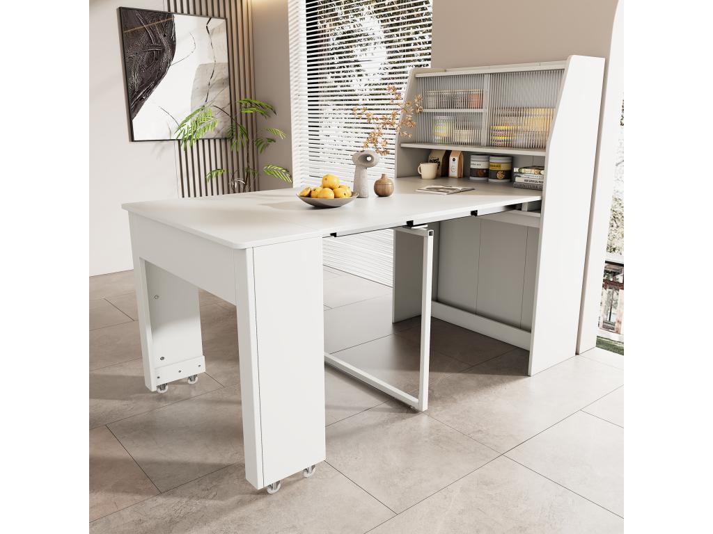 Mesa de comedor extensible para 4 a 6 cubiertos con armario - L52/132 - 5xB80xH76cm - Tablero de partículas - Blanco
