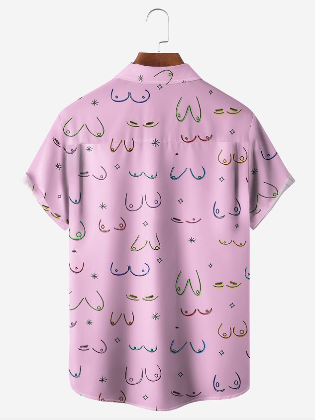 Abstract Line Drawing Chest Pocket Short Sleeves Casual Shirt
